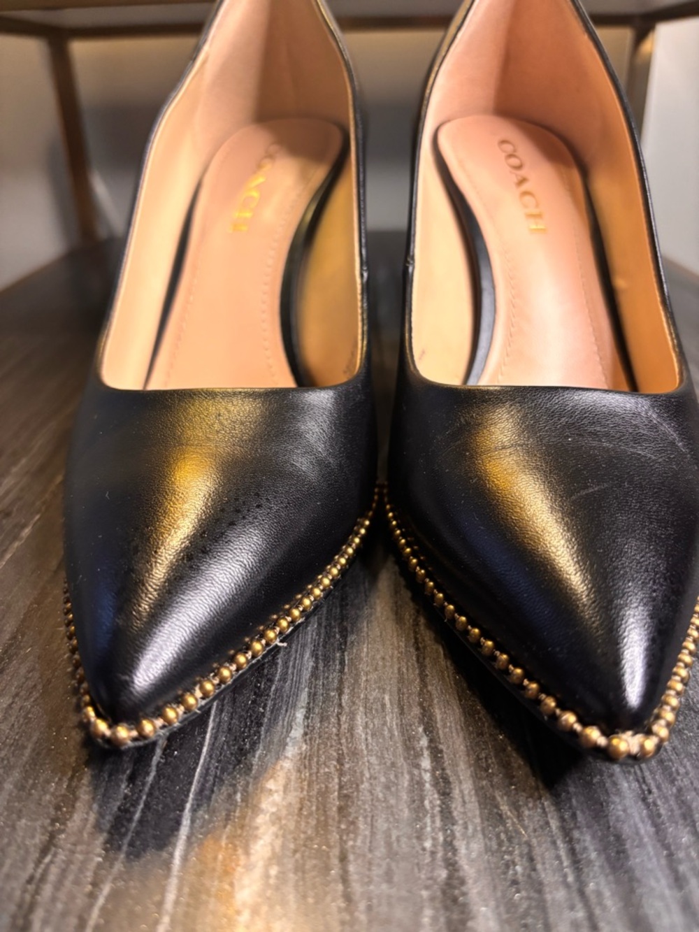 Coach Waverly black leather pump gold bead trim pointed toe size 8 - Picture 5 of 9